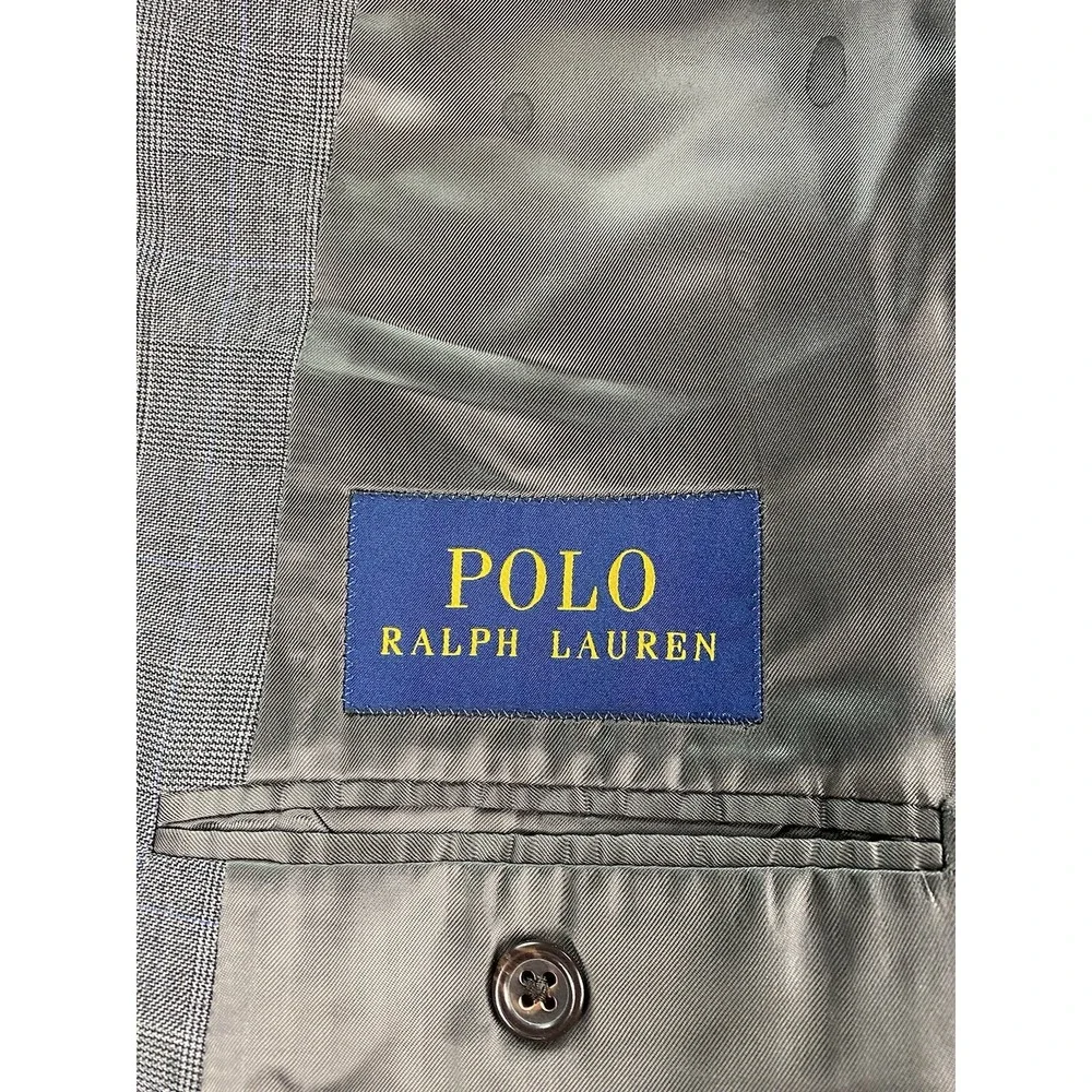 Polo Ralph Lauren Suit Jacket 46 R Gray Wool Glen Plaid Luxury Designer Bedford